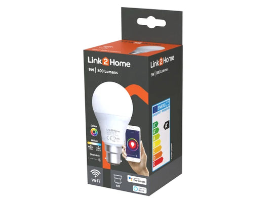 Link2Home LTHB229W Wi-Fi LED BC (B22) Opal GLS Dimmable Bulb, White + RGB 800 lm 9W