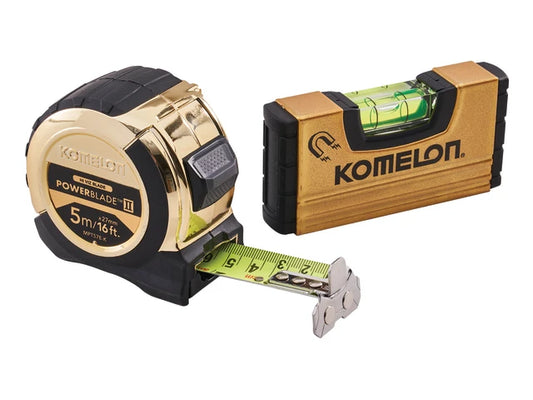 XMS24POWER Komelon 5m (16ft) Gold PowerBlade Tape with FREE Mini Level